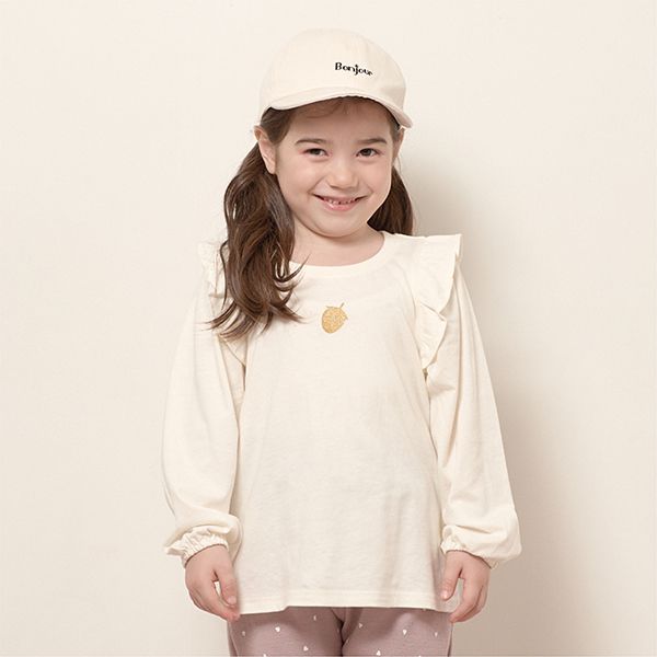 日本 Lycee mine - 閃耀印花肩部摺邊長袖上衣-草莓-象牙白