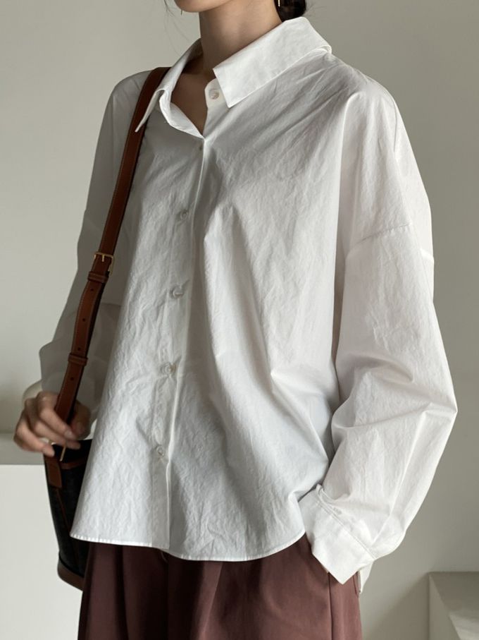 韓國女裝連線 - 知性背後抓褶翻領長袖襯衫-象牙白 (FREE)