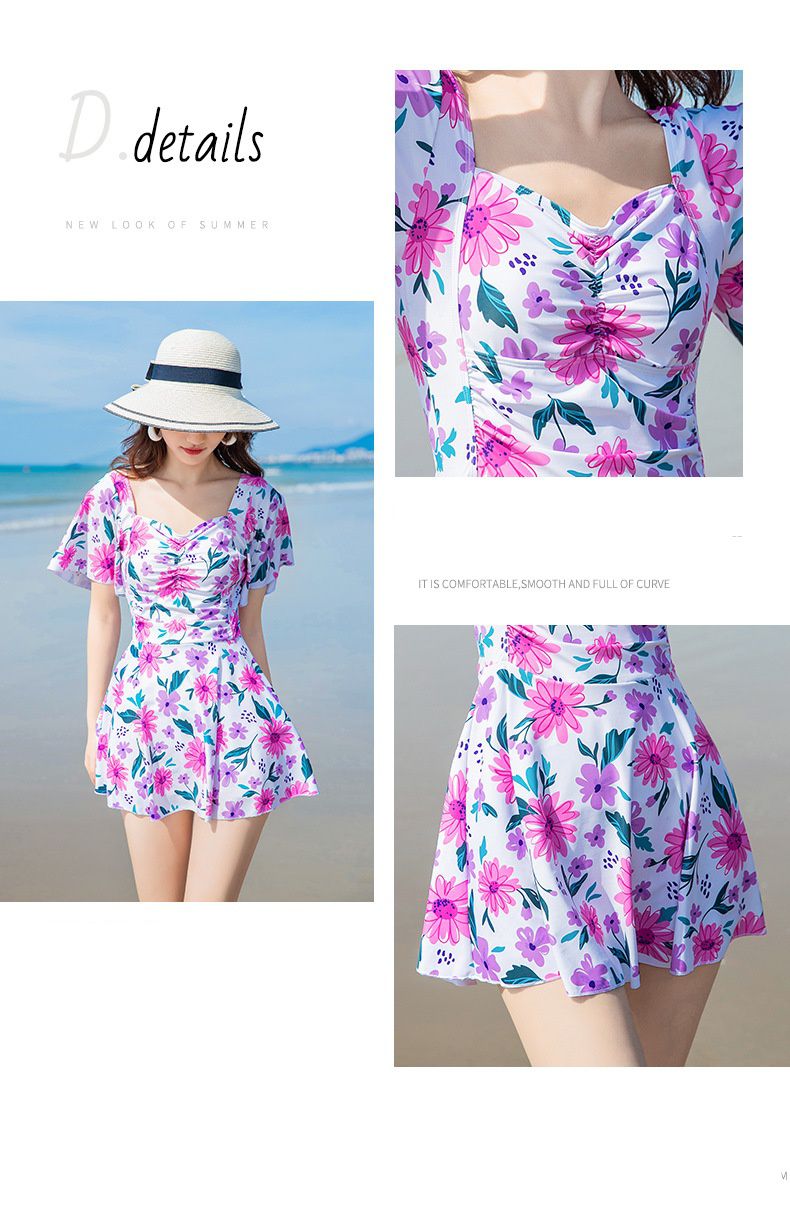 日系小碎花修身顯瘦遮肉連身裙泳衣-滿版花花-黃色