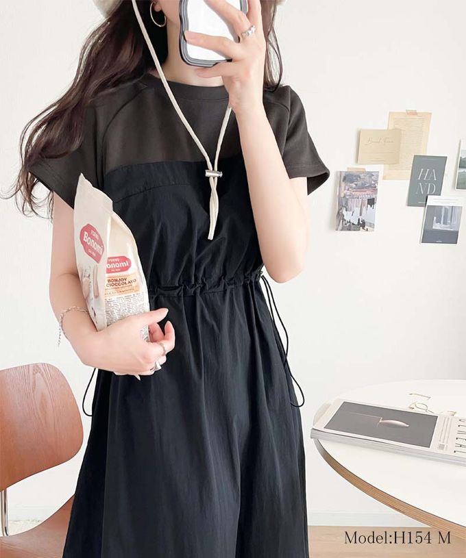 日本 Classical Elf - 法式袖拼接縮腰抽繩洋裝-卡其x淺灰