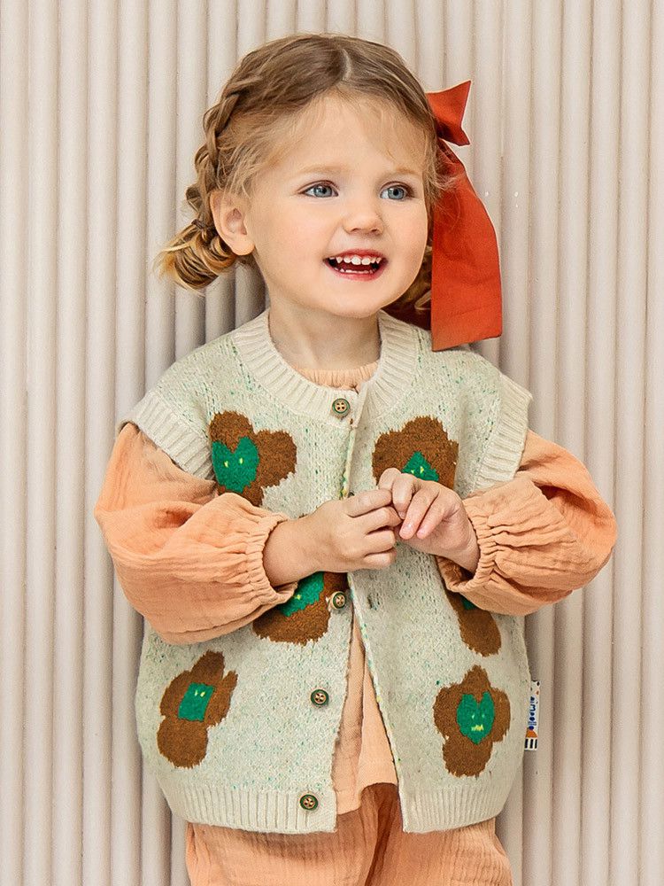 韓國Pimpollo - 愛心印花開衫針織背心-藍