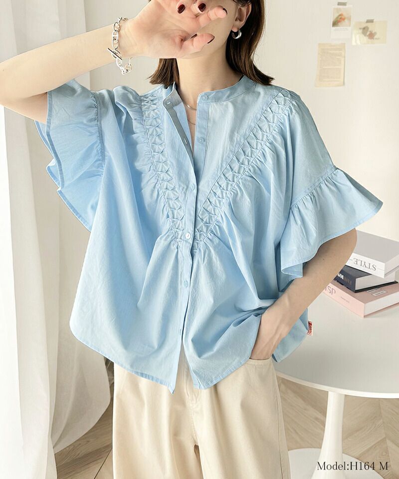 日本 Classical Elf - 2WAY透氣荷葉袖圓領襯衫-白