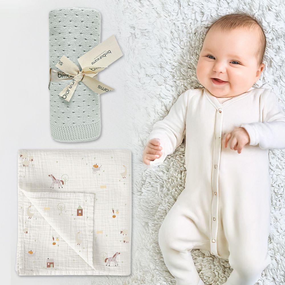 優惠組合【bimbidreams】竹纖維紗布包巾 120x120cm+ 純棉針織洞洞毯 75x90cm( 小被被 嬰兒毯)-快樂農場+橄欖綠