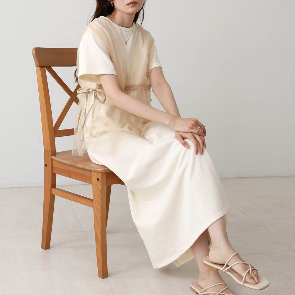 層次設計感薄紗拼接短袖洋裝-象牙