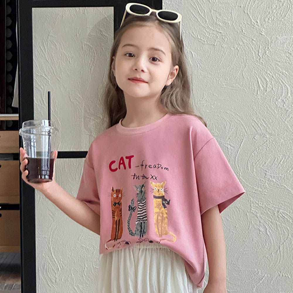 涼感圓領落肩短袖上衣/T恤-童趣卡通-櫻花粉