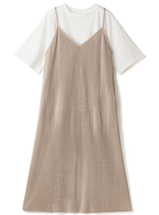 日本 GRL - 短袖上衣x楊柳細摺吊帶裙2件組-淺可可 (F)