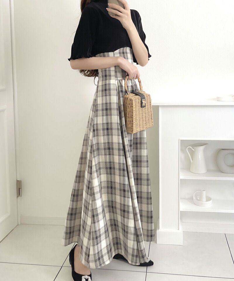 日本 Classical Elf - 浪漫格紋拼接後綁帶短袖洋裝-經典黑