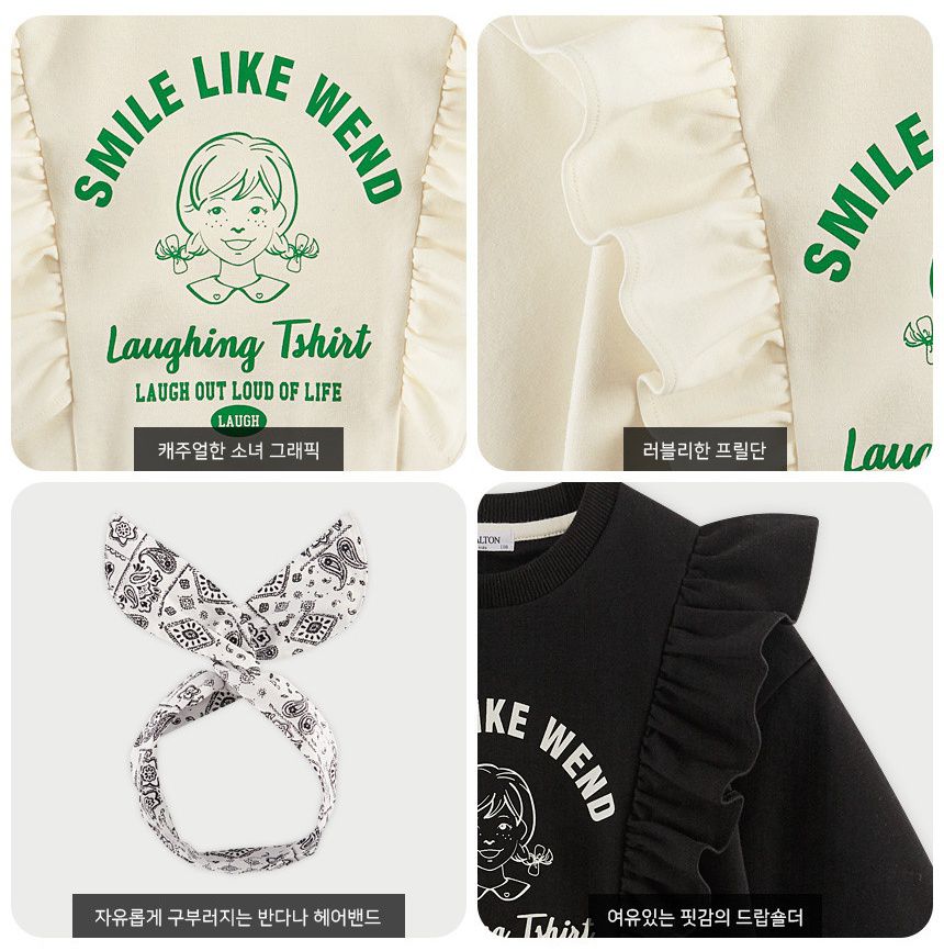 韓國 WALTON kids - 漫畫女孩荷葉裝飾上衣(附髮飾)-黑