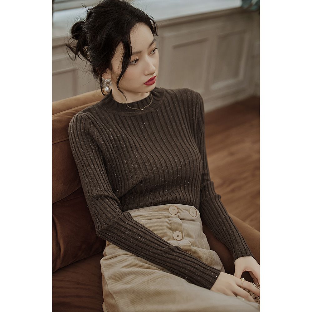 優雅百搭坑條修身針織上衣-咖啡色