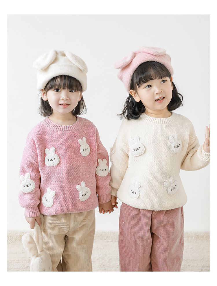 TONGMO - 雪尼爾針織圓領長袖毛衣-滿滿兔子-粉色