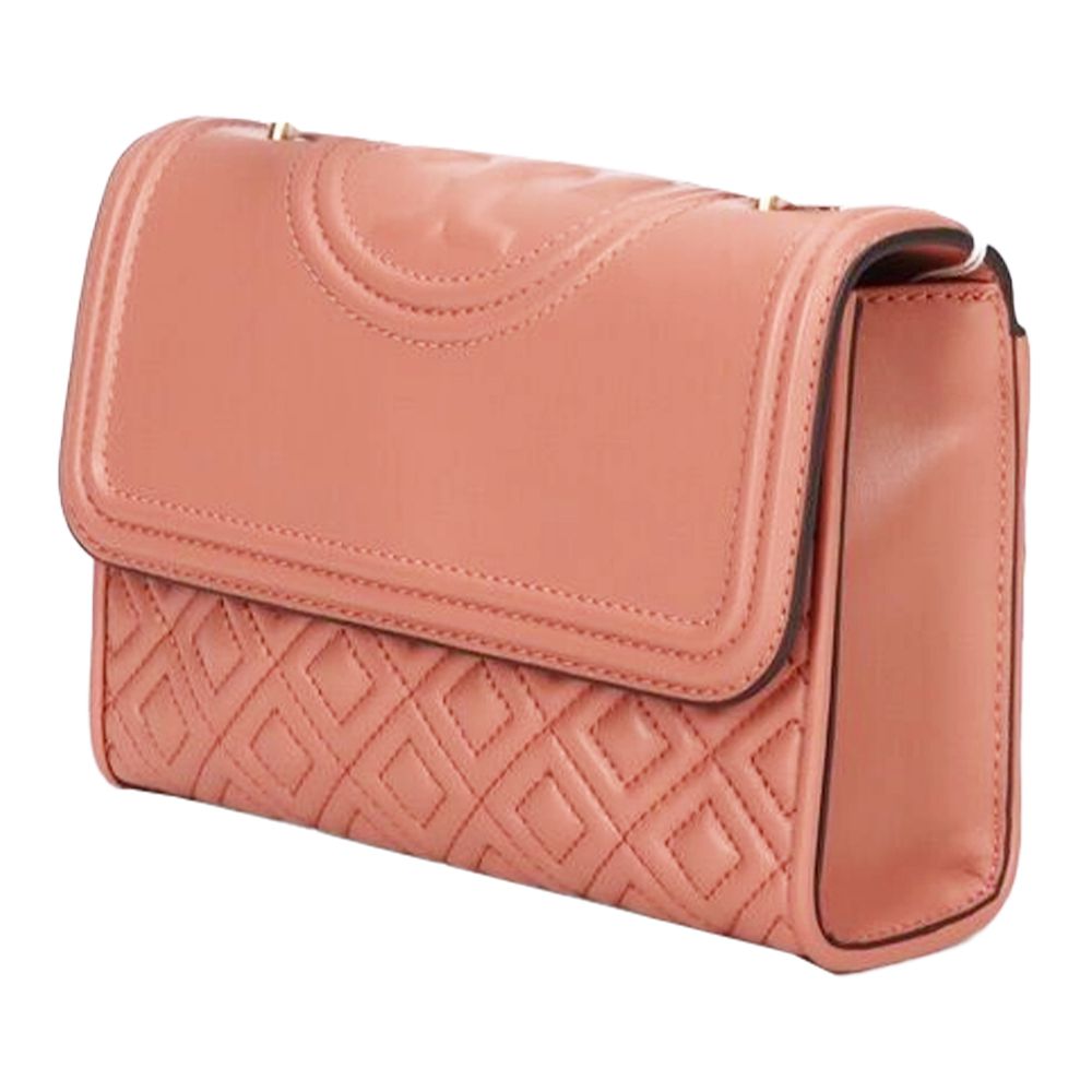 格紋皮革翻蓋斜背包 (淺粉桔)