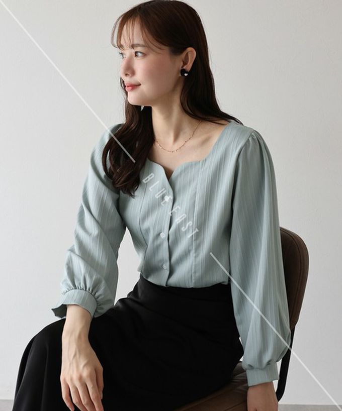 日本 BLUE EAST - 甜美心型領線條紋理長袖襯衫-杏橘