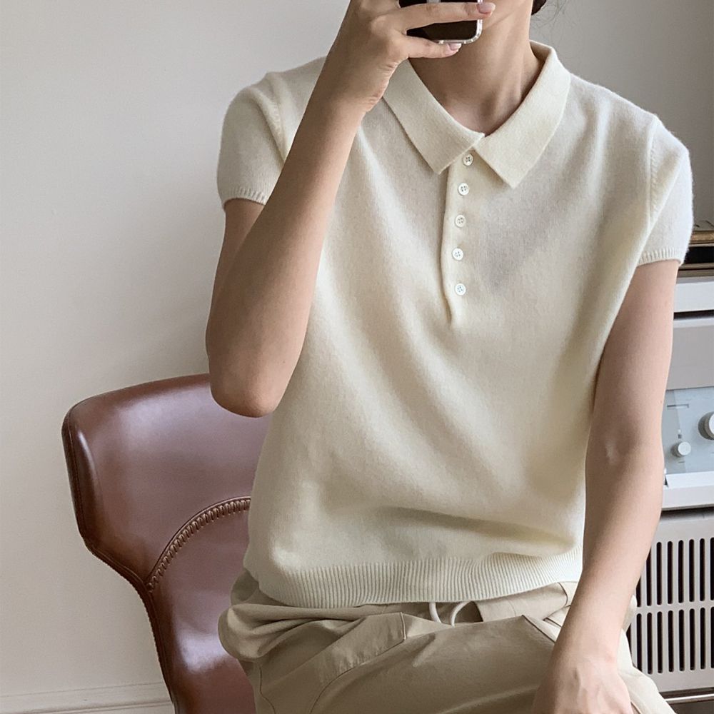 翻領小釦羊毛混織短袖上衣-象牙白 (FREE)