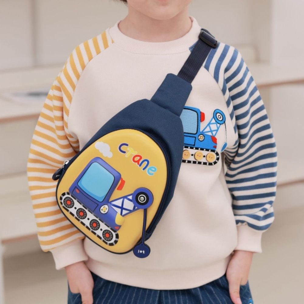 Coco rabbit (附包包,內磨毛)撞色條紋長袖大學T-藍色吊車-芥黃X靛藍