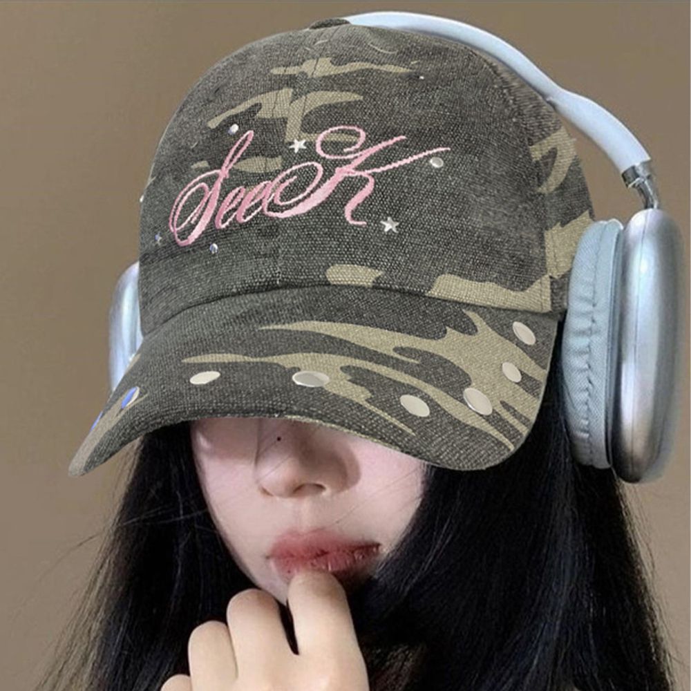 復古鉚釘迷彩刺繡棒球帽-軍綠 (F)