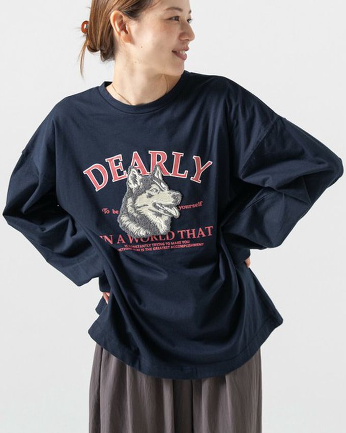 日本 gleam - 相良刺繡哈士奇印花帥氣長袖T恤-海軍藍