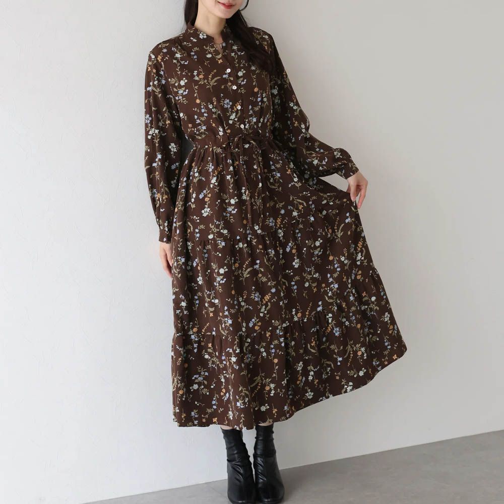 [人氣款]簡約抽繩收腰長袖洋裝-浪漫花草-咖啡