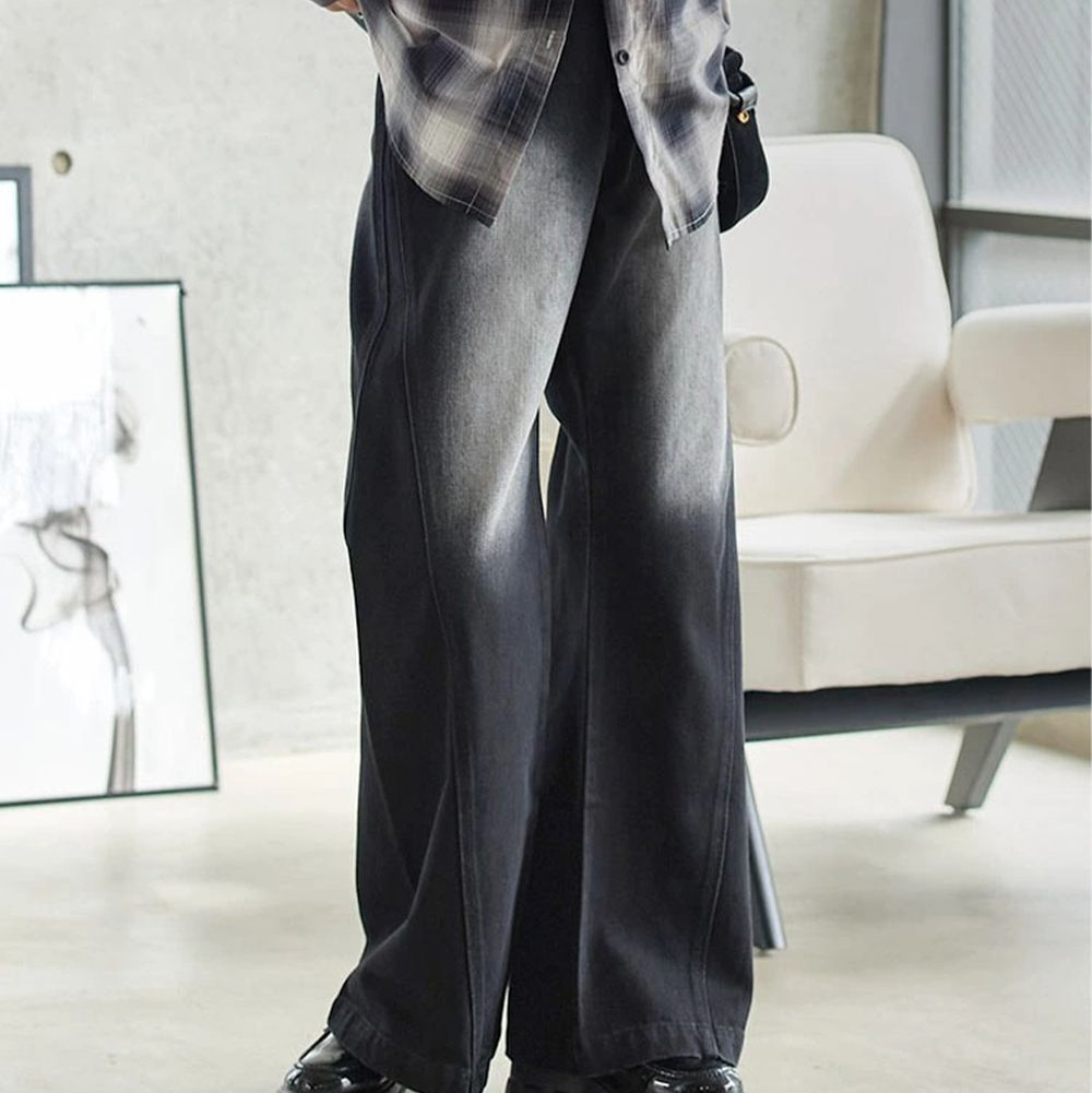 超顯瘦復古刷色立體喇叭牛仔褲-(可選長度)-黑