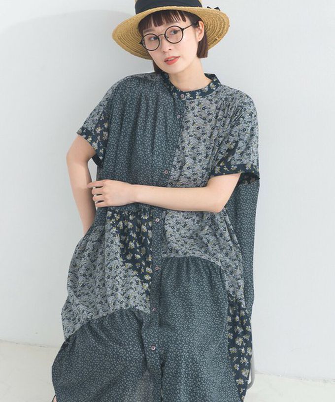 日本 Lupilien - 純棉巴里紗花朵拼布襯衫式洋裝-藍白