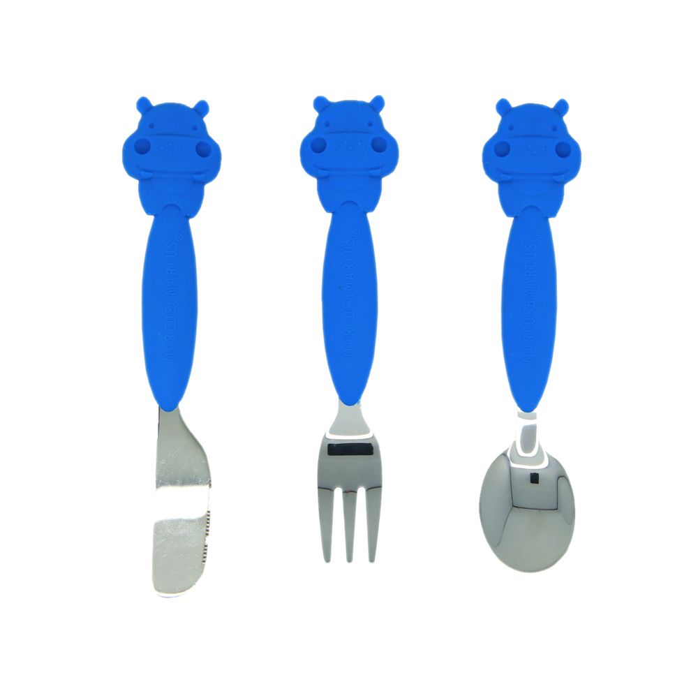 動物樂園不鏽鋼刀叉匙三件組-河馬(藍)