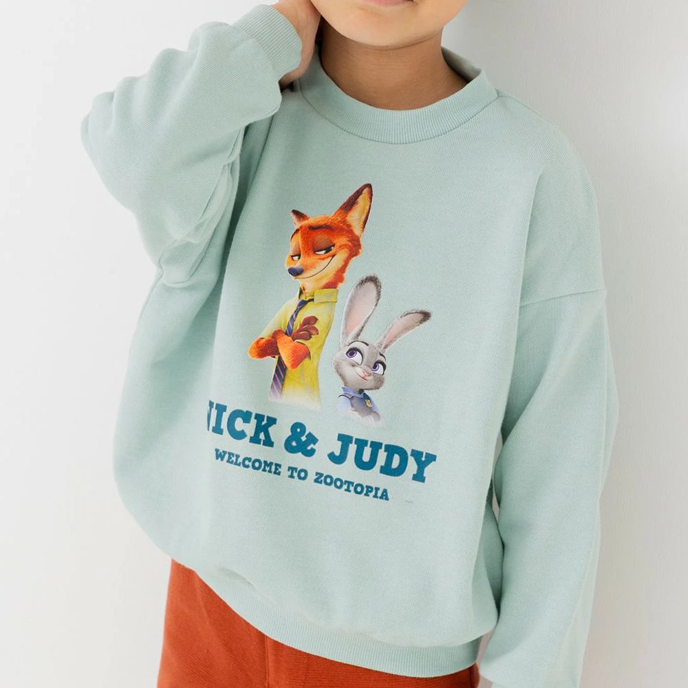 限量聯名 裏毛印花大學長袖上衣-卡通人物動物方城市-薄荷綠