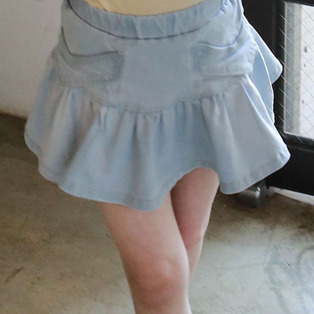 韓國 PuellaFLO - 荷葉裙襬牛仔褲裙-淺藍