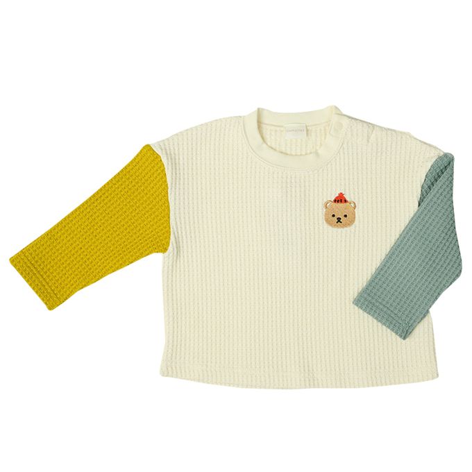 akachan honpo - 長袖裏起毛華夫格T恤-撞色袖-象牙白色