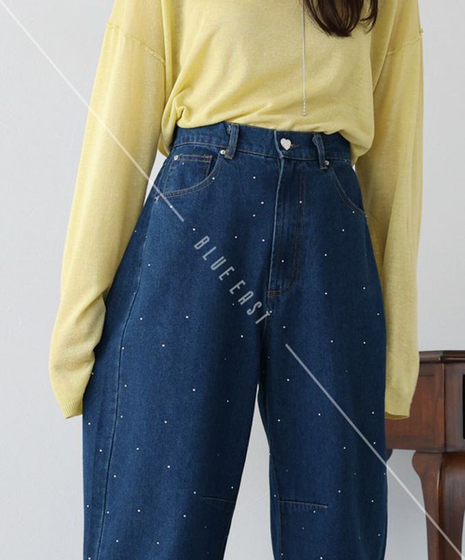日本 BLUE EAST - 下襬流蘇閃耀愛心錐形美腳丹寧褲-淺藍