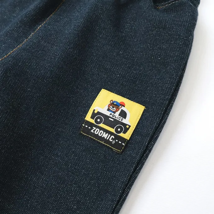 日本 ZOOLAND - 熊熊救援隊 警車標籤舒適牛仔長褲-熊貓口袋-海軍藍