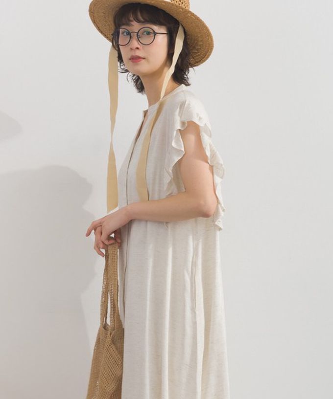 日本 Lupilien - 嫘縈混紡開襟柔軟荷葉短袖洋裝-海軍藍