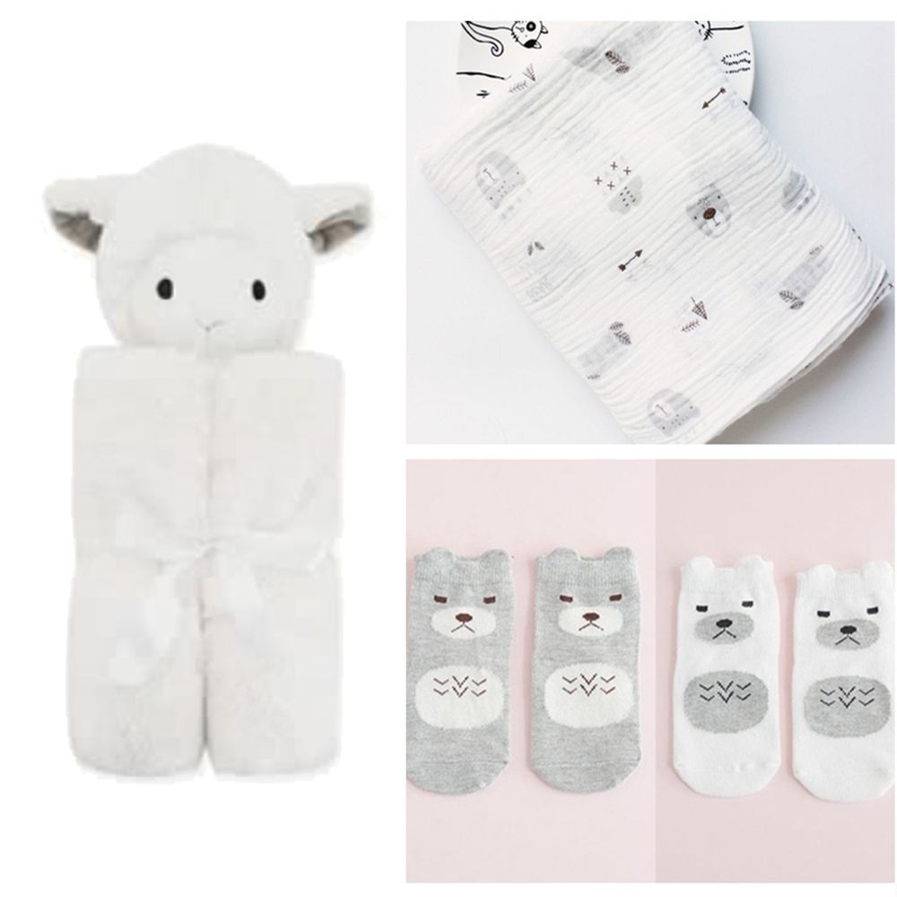 美國 Quiltex - 超柔軟動物嬰兒毯安撫毯-豪華組-奶白小羊+包巾+寶寶襪