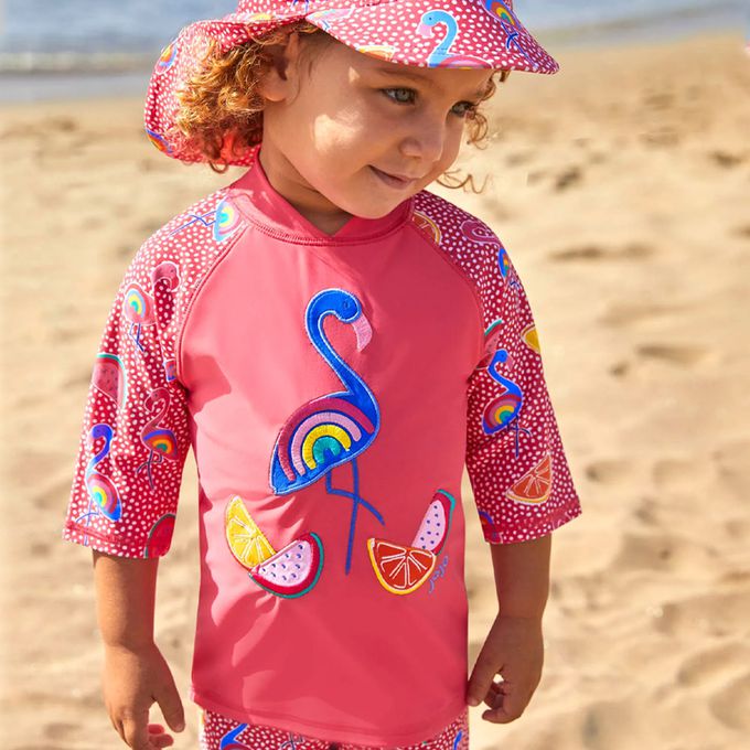 英國 JoJo Maman BeBe - 兩件式泳裝+防曬護頸遮陽帽-繽紛紅鶴_JJH3980+繽紛紅鶴_JJH3981