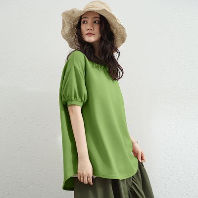 Yukié - 甜美華夫格燈籠袖長版上衣-綠色 (F)