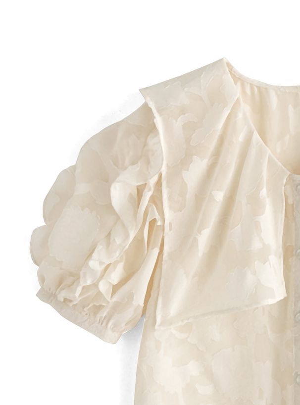 日本 GRL - 浪漫花刺繡荷葉捲邊短袖襯衫-奶油白 (F)