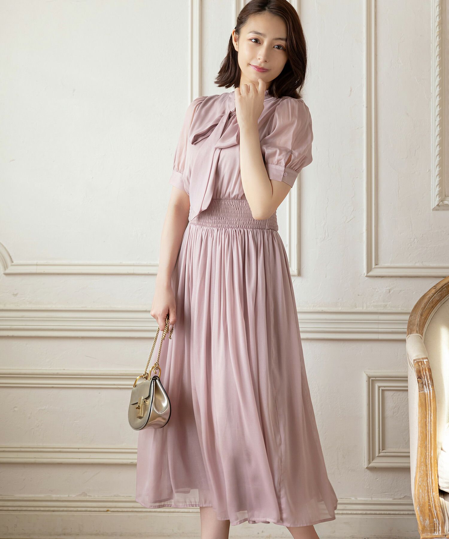 日本 tocco-closet - 2WAY甜美蝴蝶結雪紡洋裝-海軍藍