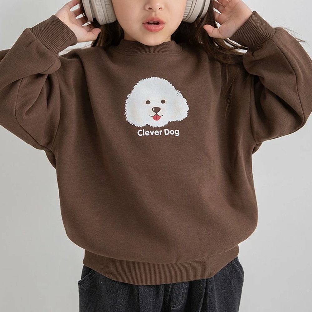 裏起毛 可愛女孩縮口長袖上衣-狗狗-深棕