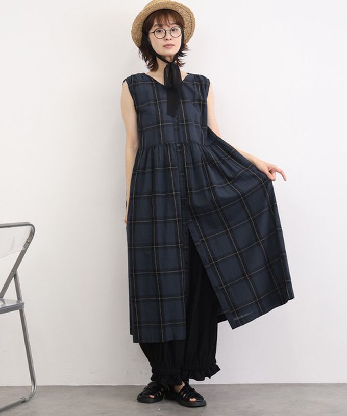 日本 Lupilien - 100%印度棉 清爽格紋開襟無袖洋裝-黃