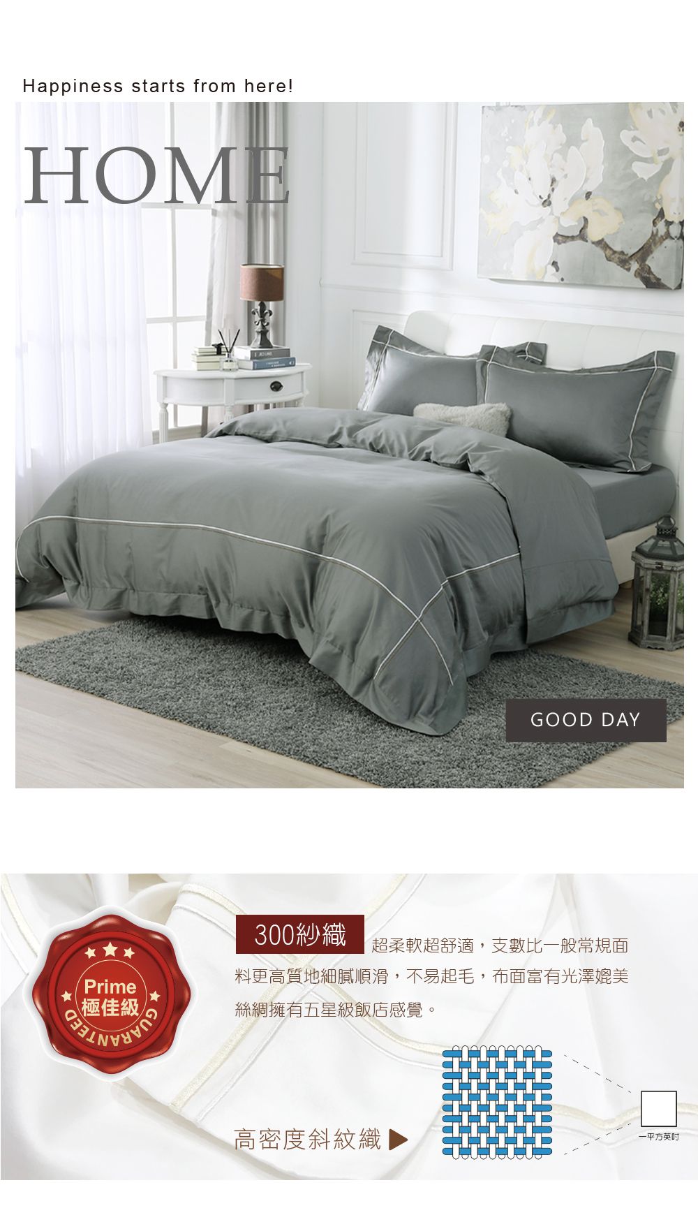 鴻宇 HongYew - 雙人薄被套 美國棉300織 純色刺繡-氣質灰