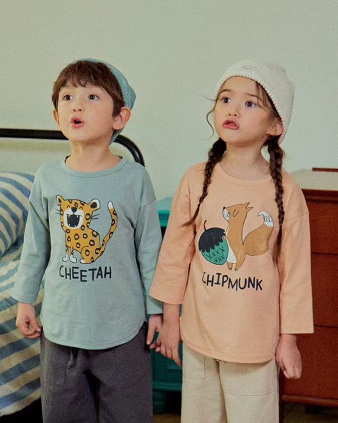 韓國 First Blue - 動物印花長袖上衣-松鼠-淺橘杏