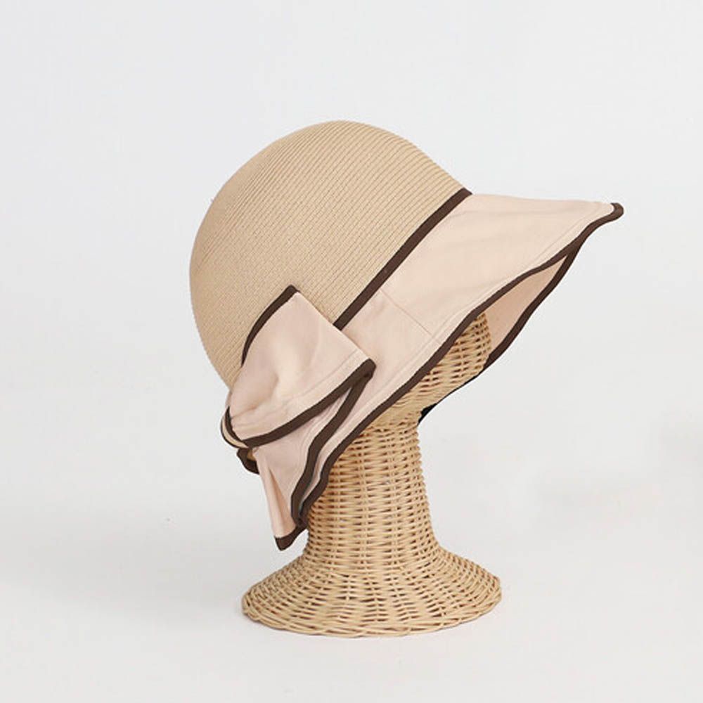 滾邊蝴蝶結造型編織草帽-自然杏