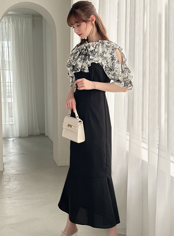 日本 GRL - 浪漫碎花拼接魚尾裙短袖洋裝-經典黑