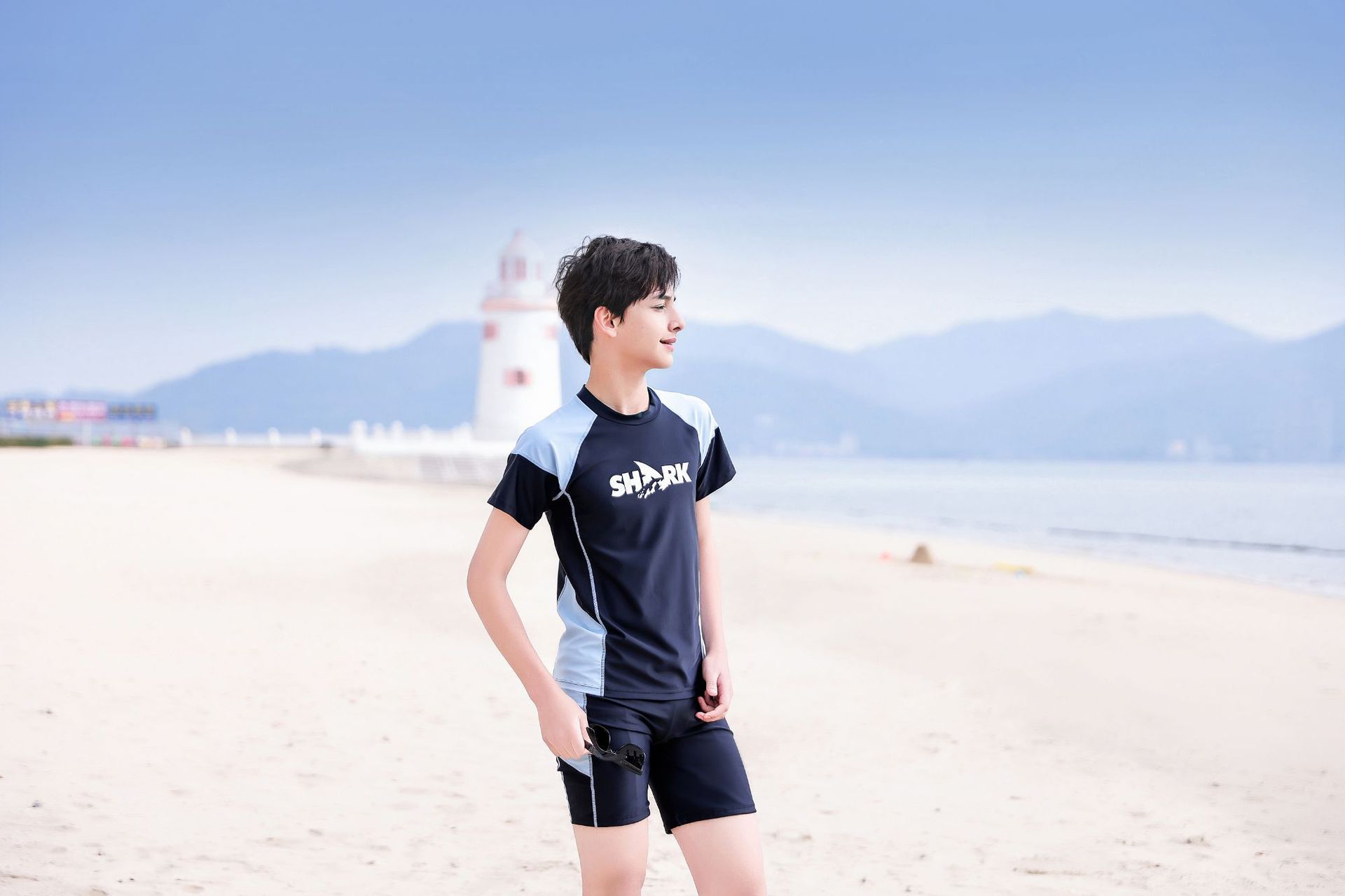 大童男孩短袖泳衣套裝(二件組)-SHARK-黑色-泳衣、泳褲