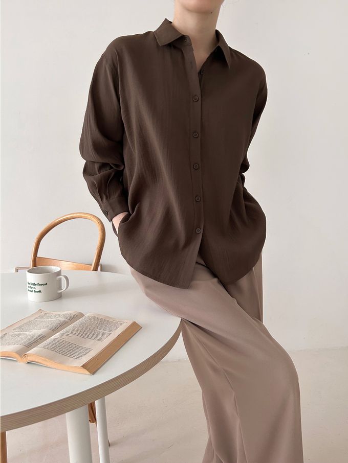 韓國女裝連線 - 質感薄透長袖翻領襯衫-白 (FREE)