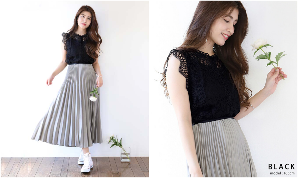 日本 BLUE EAST - 雕花鏤空蕾絲無袖上衣-杏