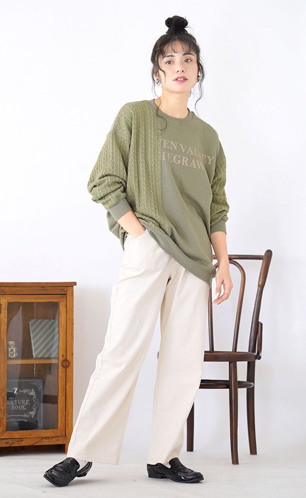 日本 zootie - 異材質拼接圓領寬鬆長袖上衣-墨綠