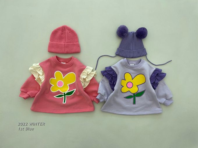 韓國 First Blue - 大花圖案波浪點綴長袖上衣-紫