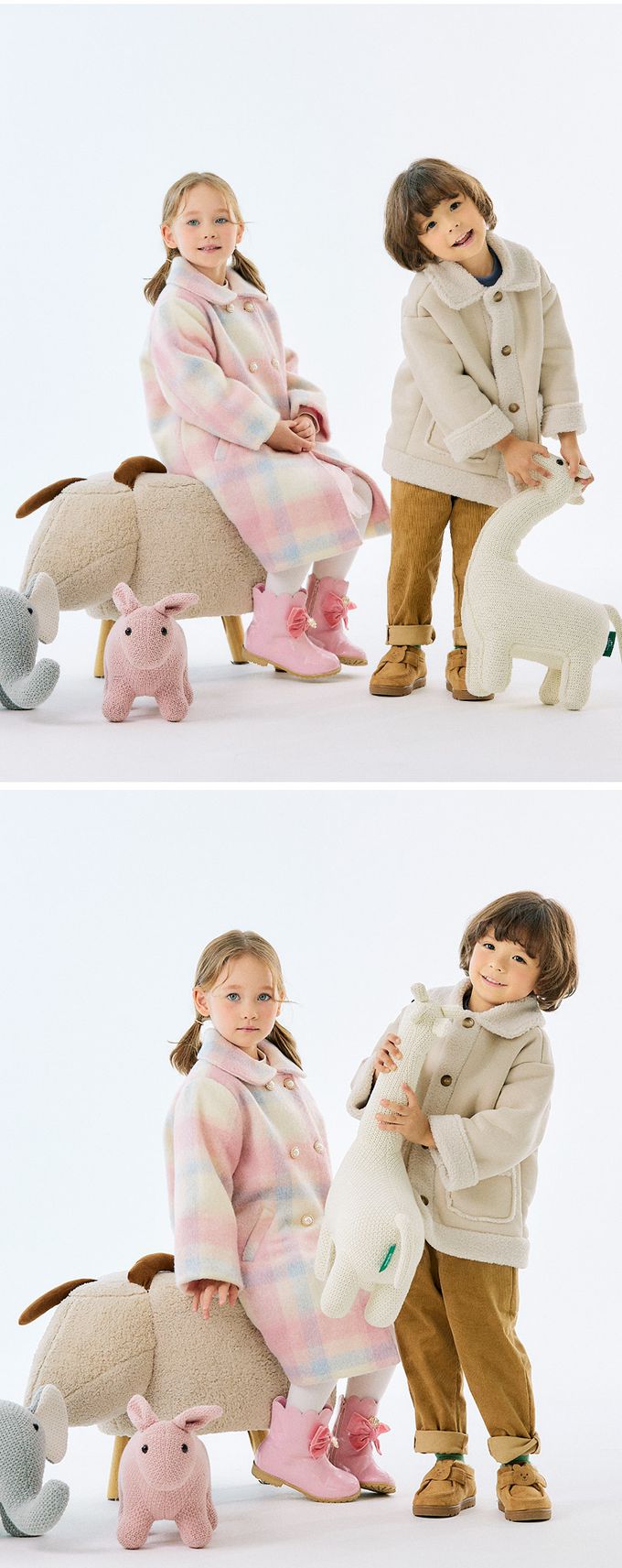 韓國 OZKIZ - (附絨毛圍巾)格紋毛料絎縫大衣外套-粉