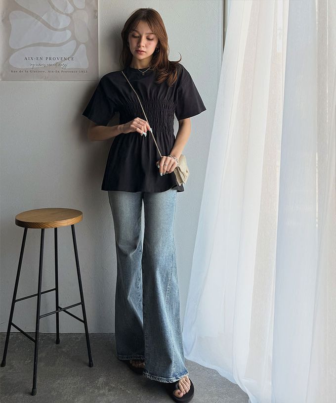 日本 Classical Elf - 魅力腰皺摺修身短袖上衣-淺灰