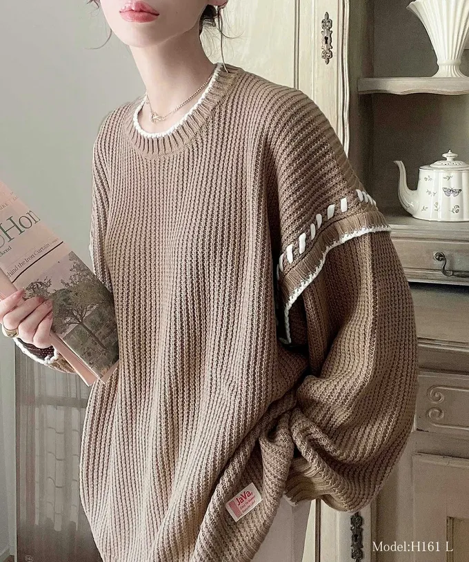 日本 Classical Elf - Java 落肩滾邊縫線粗針織長版上衣-白x灰