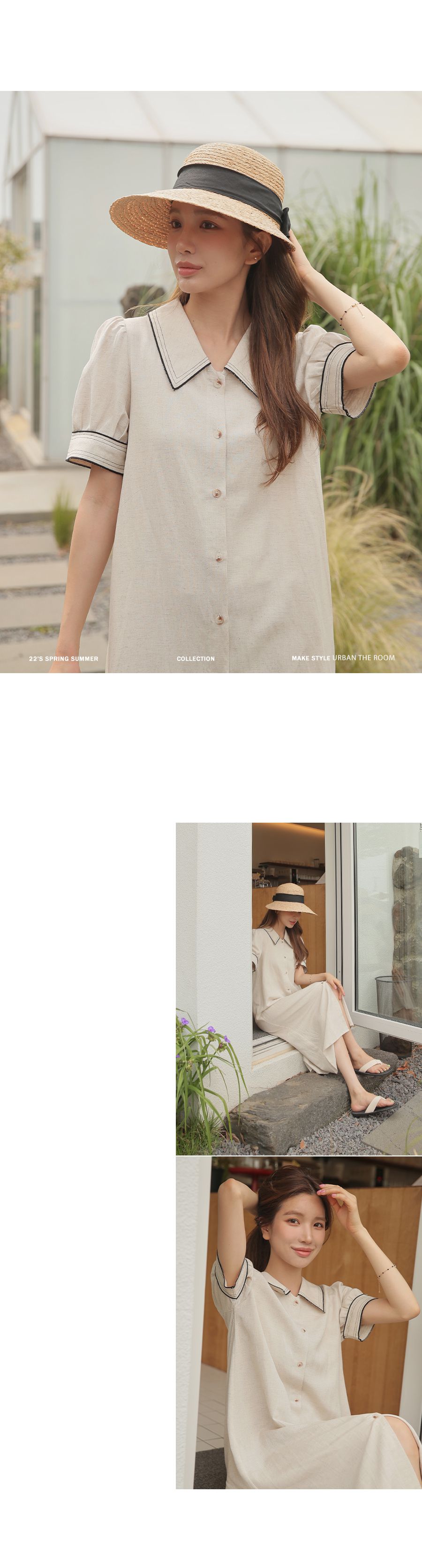 韓國 Urbantheroom - 婉約翻領棉麻連身洋裝-深藍黑 (Free)